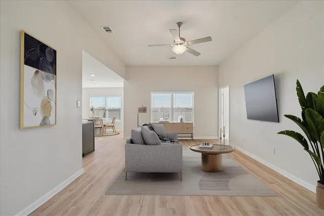 a living room with furniture and a potted plant