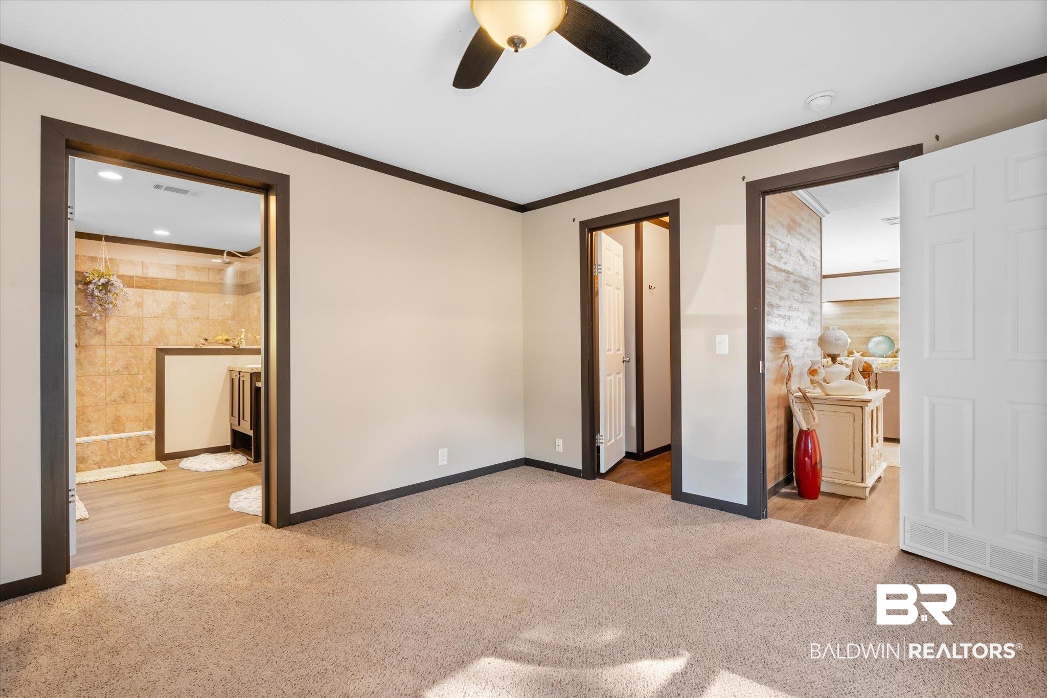 15635 County Road 83 Elberta, AL 36530 - Photo 35 of 54 Unfurnished bedroom featuring ceiling fan, carpet floors, crown molding, and connected bathroom