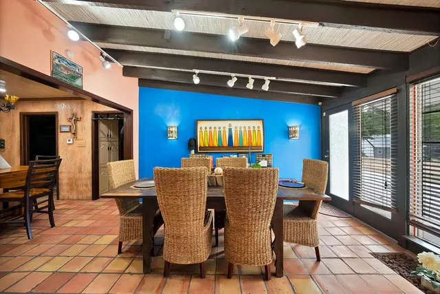 a view of a dining room with furniture