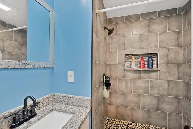 a bathroom with a sink and a shower