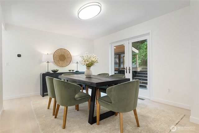 a view of a dining room and chairs
