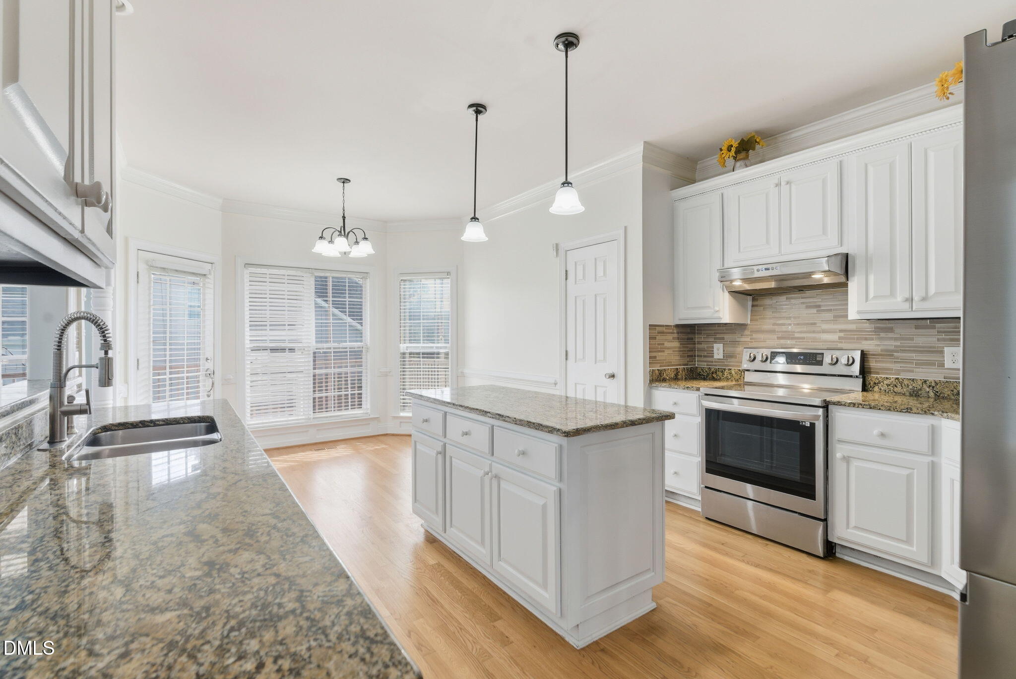 19 Silverside Drive Angier, NC 27501 - Photo 19 of 73 a kitchen with stainless steel appliances granite countertop a stove a sink and white cabinets with wooden floor
