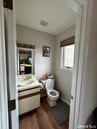 a bathroom with a white toilet sink and vanity
