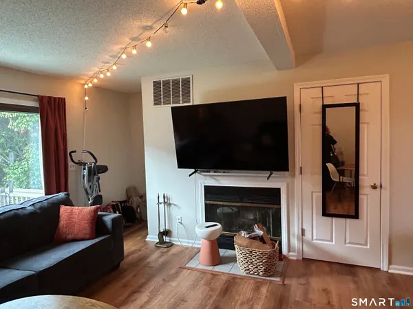 a living room with furniture a flat screen tv and a fireplace