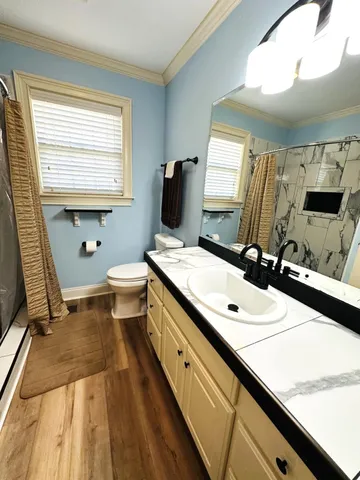 a bathroom with a double vanity sink toilet and mirror
