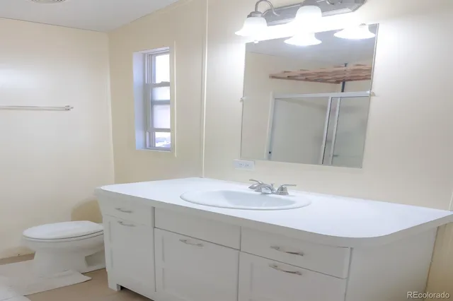 a bathroom with a sink a toilet and mirror