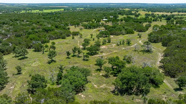 an aerial view of residential houses with outdoor space and trees