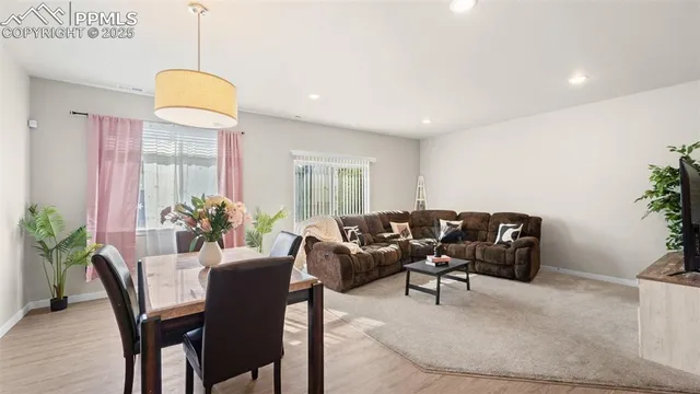 a living room with furniture potted plant and a chandelier