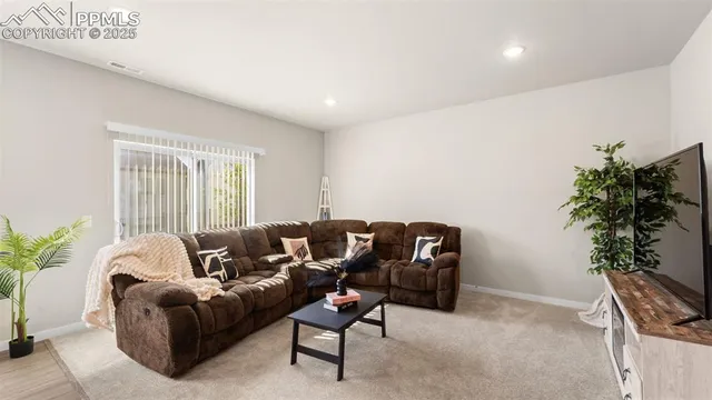 a living room with furniture potted plant and a window