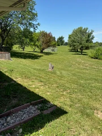 a yard with swimming pool and trees