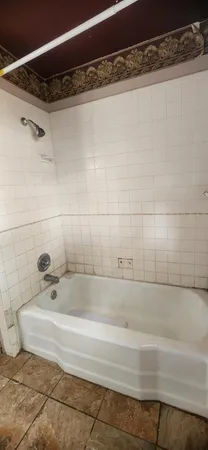 a bathroom with a bathtub and shower