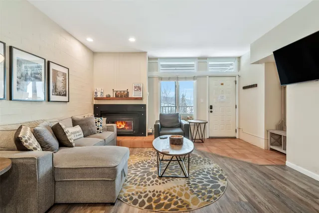 a living room with furniture a rug and a fireplace