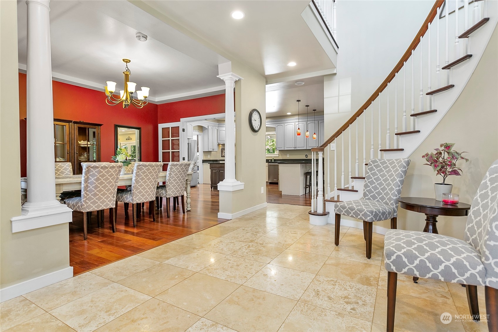 3460 Aldergrove Road Ferndale, WA 98248 - Photo 5 of 39 a view of a dining room with furniture chandelier and wooden floor