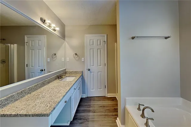 a bathroom with a granite countertop sink and a bathtub