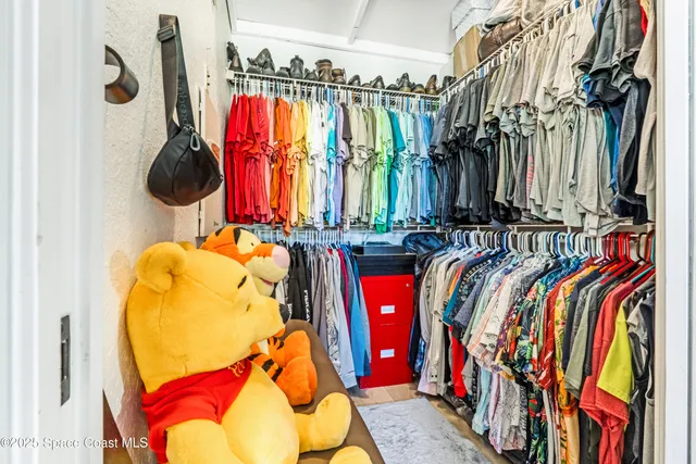 a bedroom with a large bed and a walk in closet