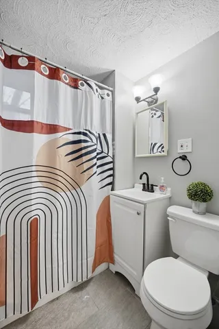 a bathroom with a sink a toilet a mirror and shower curtain
