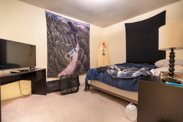 a view of a livingroom with furniture and closet area