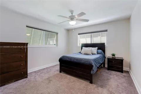 a spacious bedroom with a bed and a dresser