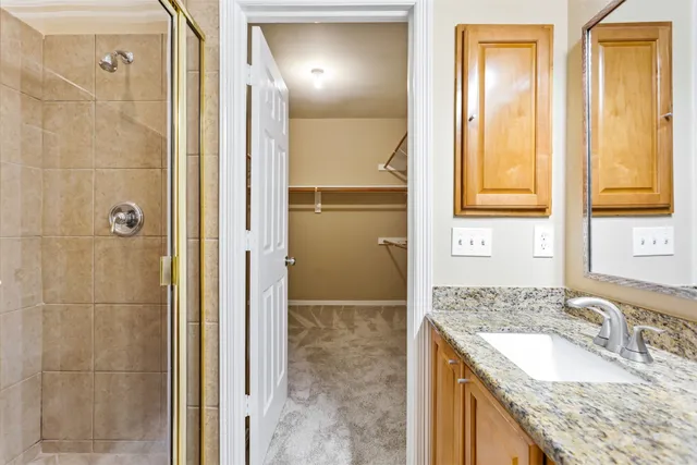 a bathroom with a granite countertop sink and mirror