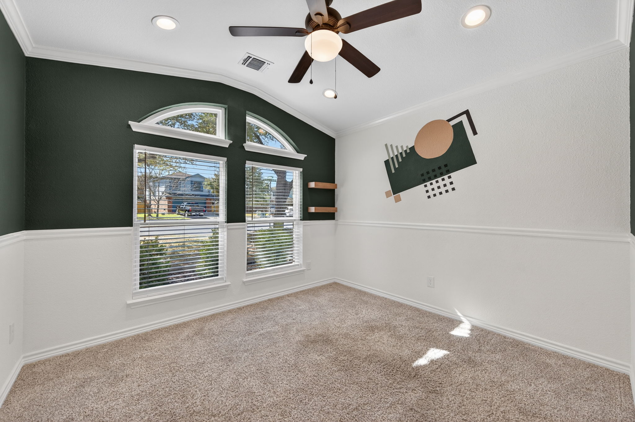 1201 Dillon Lake Bend Leander, TX 78641 - Photo 27 of 38 Bedroom featuring a ceiling fan, lofted ceiling, carpet floors, crown molding, and recessed lighting