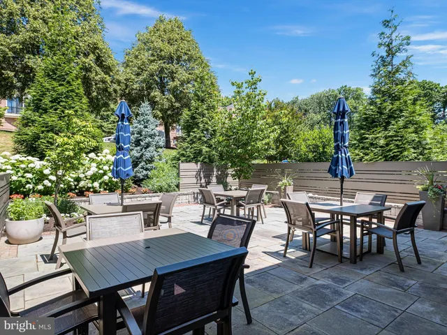 a view of an outside dining space with furniture