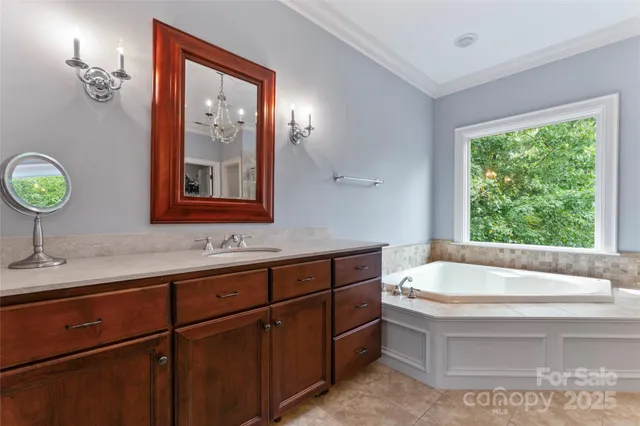a bathroom with a tub a sink and mirror