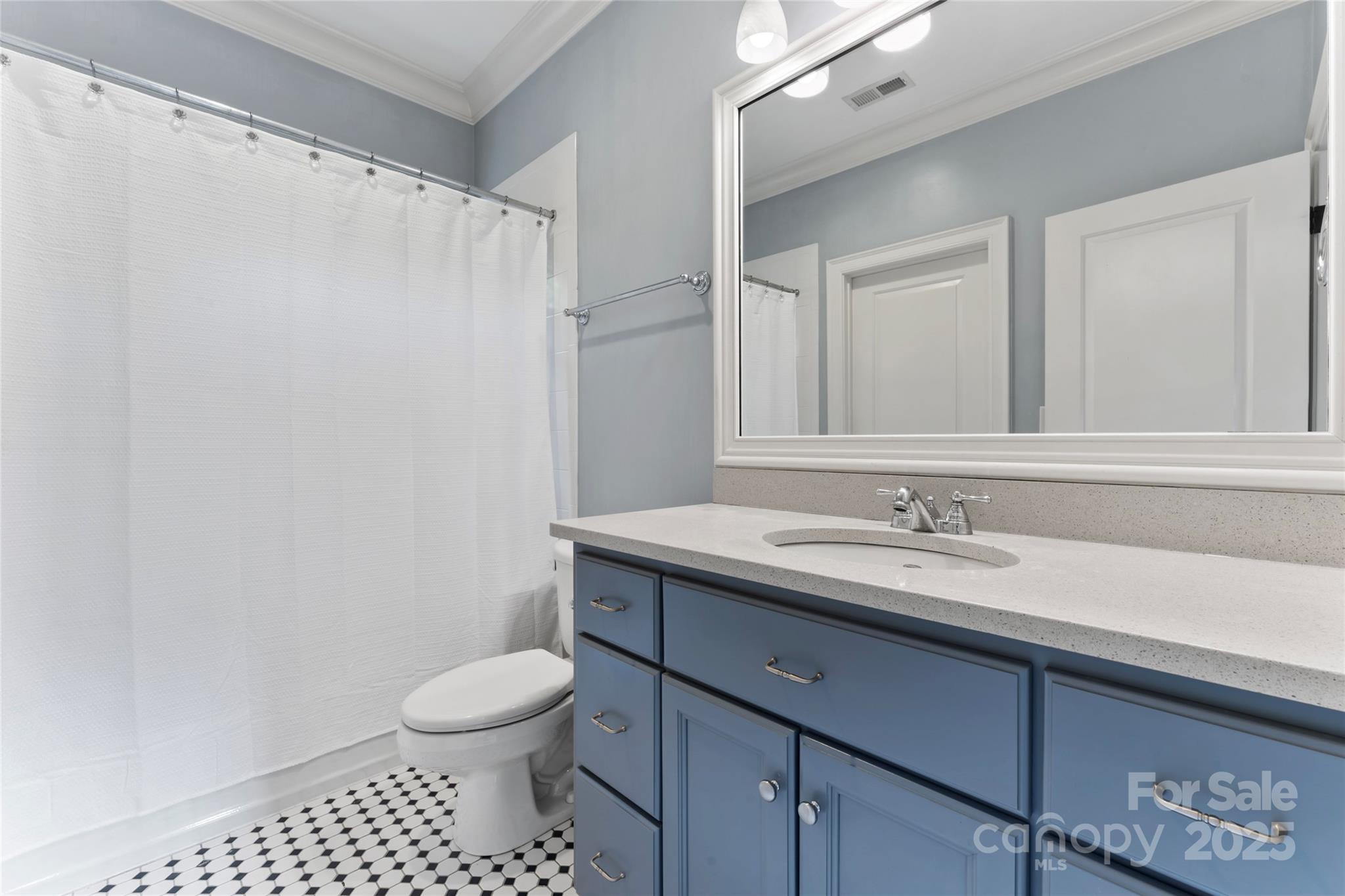 235 Grey Road Davidson, NC 28036 - Photo 21 of 37 a bathroom with a granite countertop sink toilet a mirror and a shower