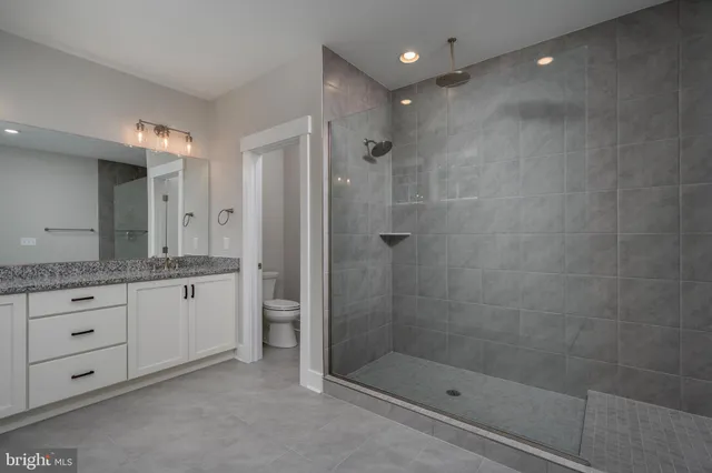 a bathroom with a granite countertop sink a shower and a mirror