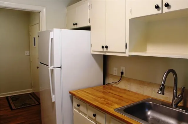 a kitchen with a refrigerator and a sink