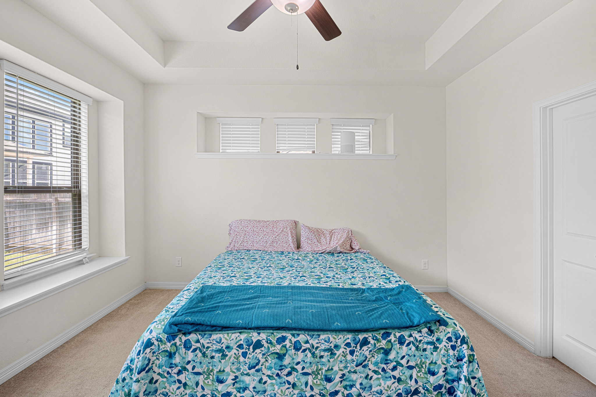 20813 Carries Ranch Road Pflugerville, TX 78660 - Photo 17 of 40 A tray ceiling highlights this bedroom equipped with soft carpeting and deep window sills.