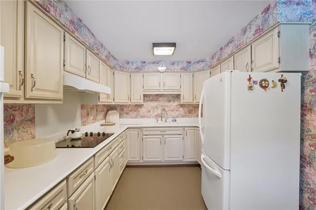 a kitchen with refrigerator a stove a sink and cabinets