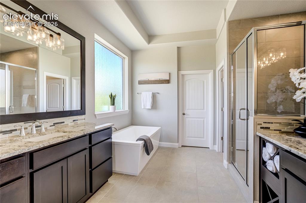 1011 Charismatic Way Colorado Springs, CO 80921 - Photo 20 of 50 Spa-inspired luxury featuring a freestanding soaking tub, oversized walk-in shower, dualvanities, and generous walk-in closet.