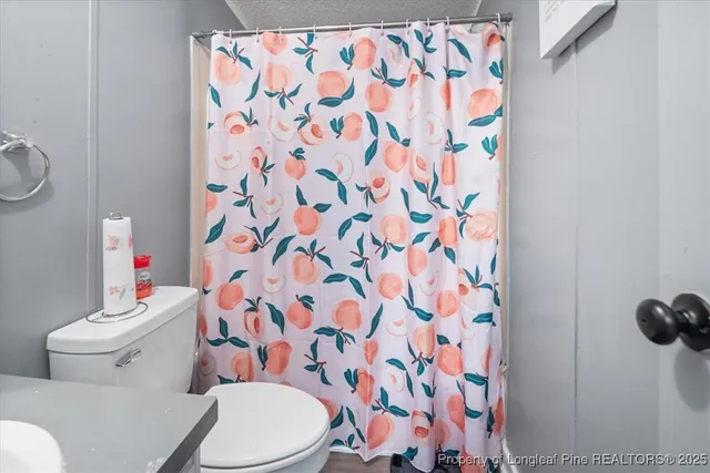 a white toilet sitting next to a shower curtain