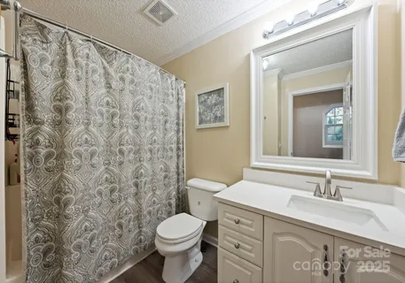 a bathroom with a granite countertop sink toilet and a mirror