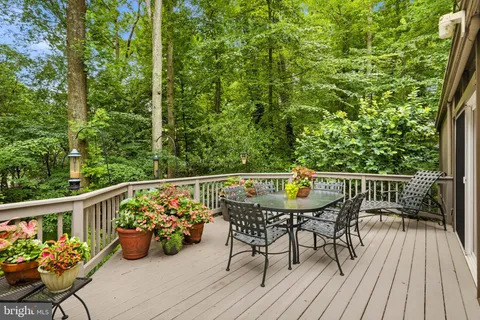 a garden view with a seating space
