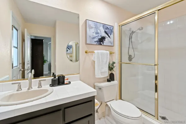 a bathroom with a sink a toilet a shower and a mirror