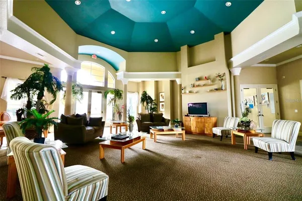 a balcony with a lake view