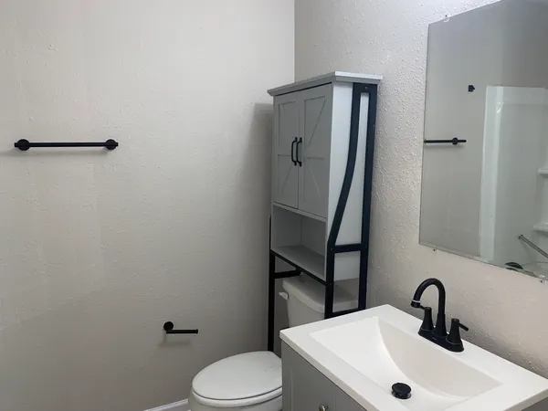 a bathroom with a toilet sink and mirror
