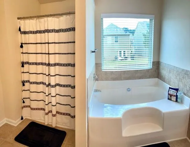 a bathroom with a bathtub and shower