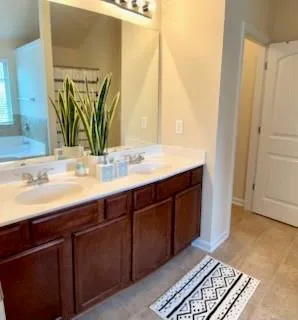 a bathroom with a double vanity sink and a mirror