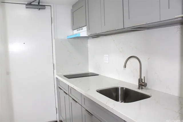 a kitchen with a sink and cabinets