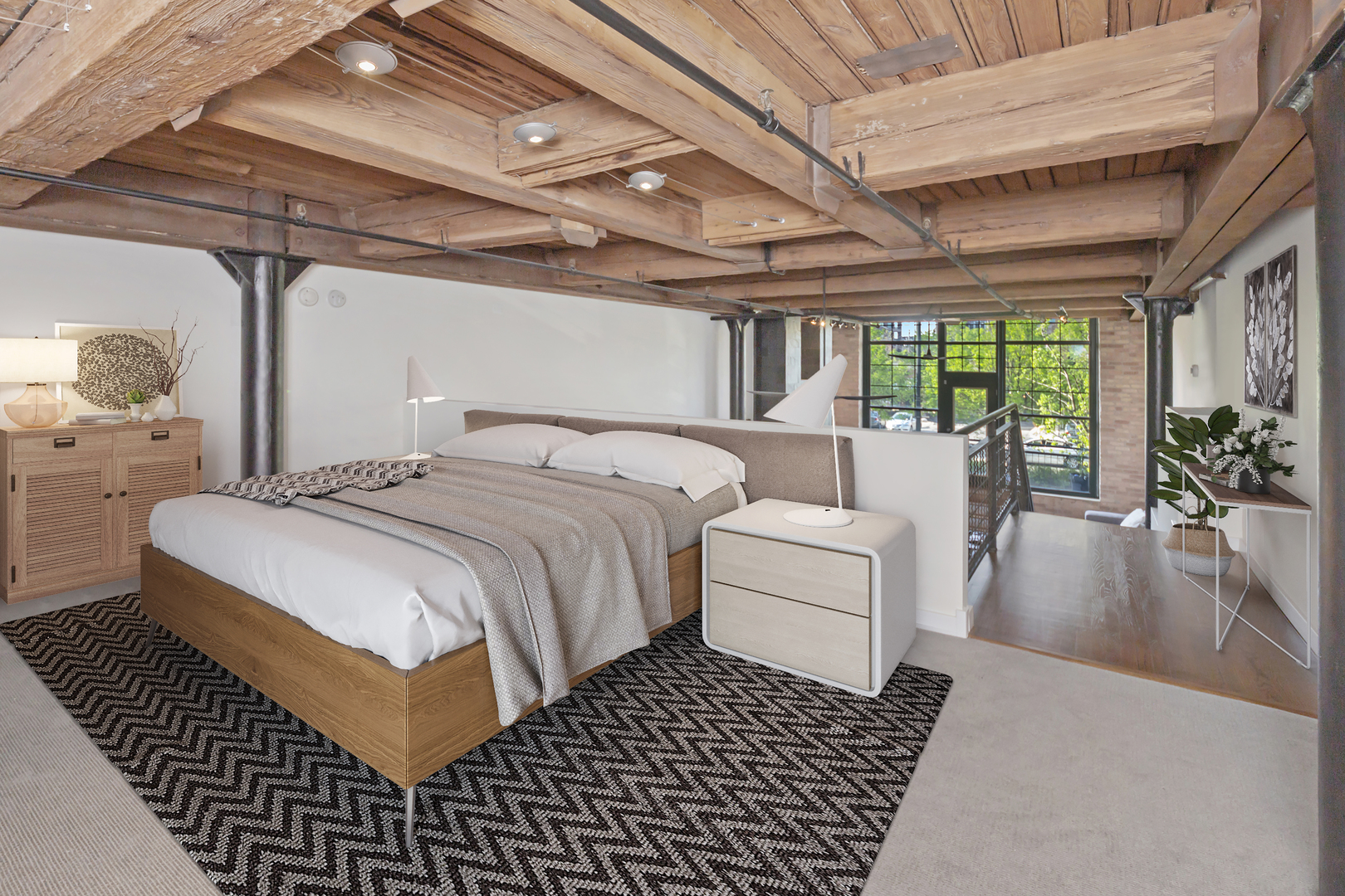 1000 West Washington Boulevard, Unit 142 Chicago, IL 60607 - Photo 20 of 24 a bedroom with a large bed a couch and a chandelier