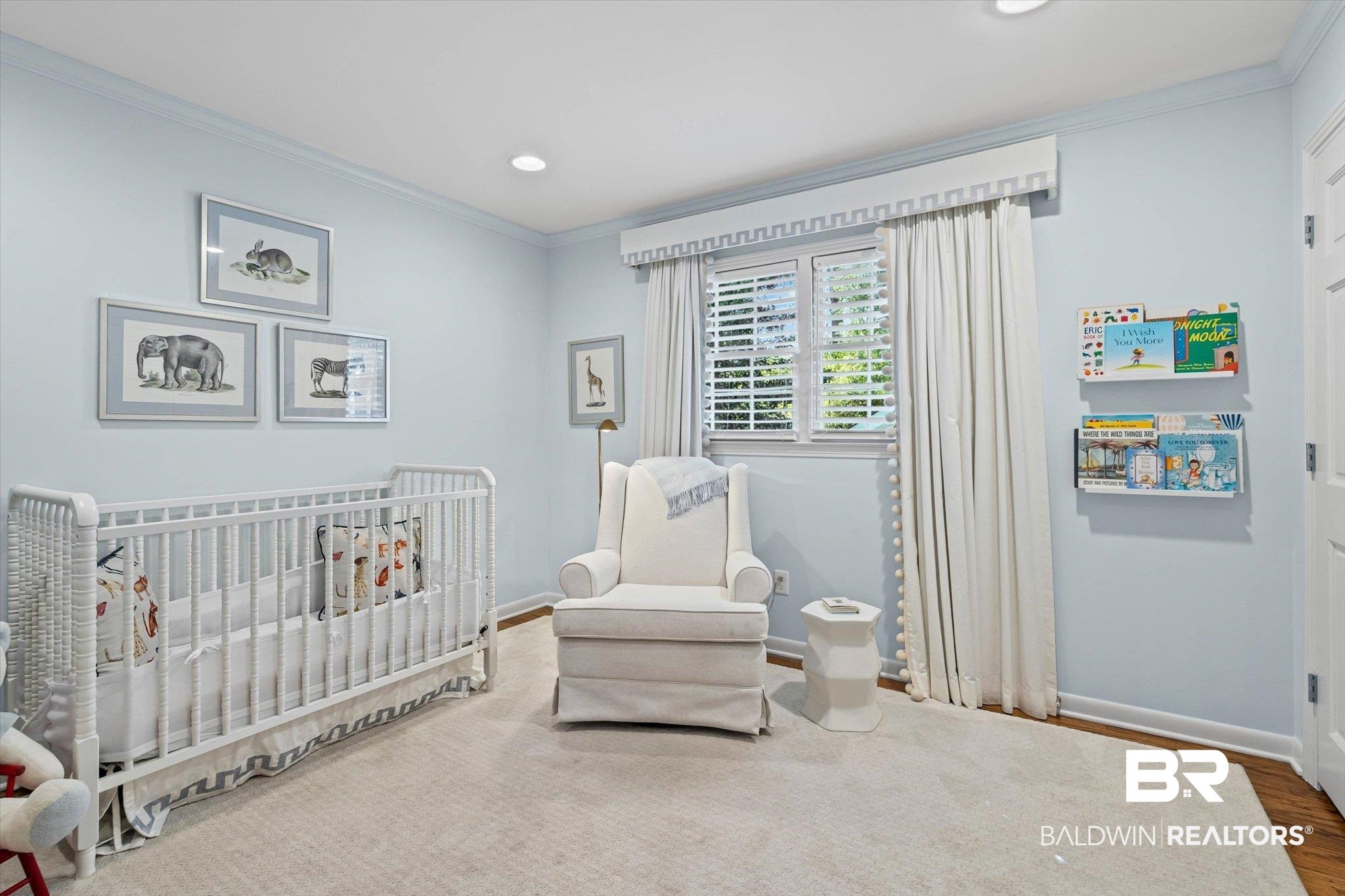 513 Spring Park Drive East Mobile, AL 36608 - Photo 28 of 44 Bedroom with ornamental molding, a nursery area, wood finished floors, and recessed lighting