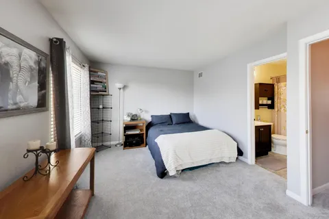 a spacious bedroom with a bed and cabinets