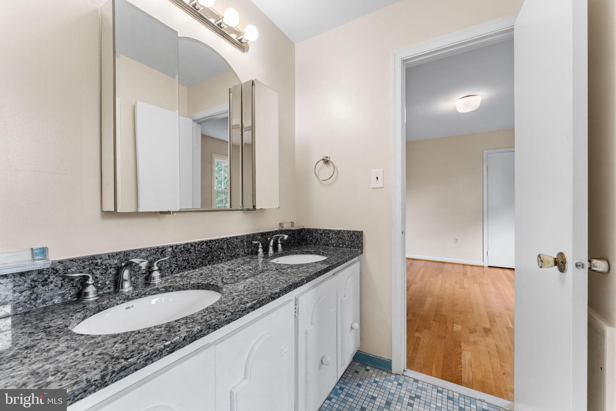 9 Snug Hill Court Potomac, MD 20854 - Photo 31 of 66 a bathroom with a granite countertop sink and a mirror