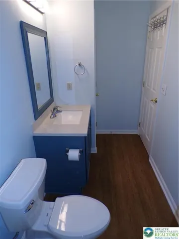 a bathroom with a sink a toilet a mirror and vanity