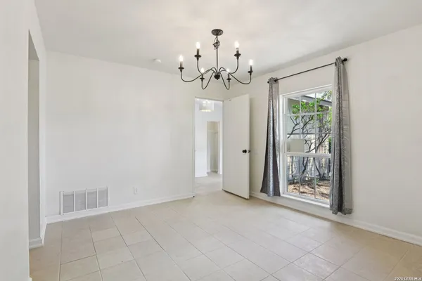 a view of a chandelier in a room