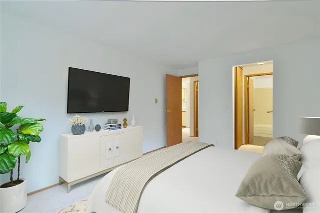 a bedroom with a bed and a flat screen tv