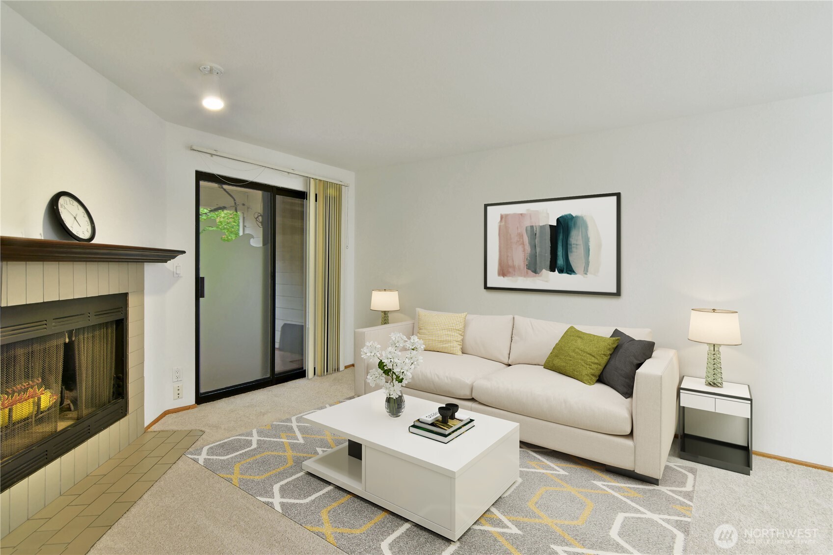 700 North 160th Street, Unit A314 Shoreline, WA 98133 - Photo 3 of 22 a living room with furniture a fireplace with wooden floor
