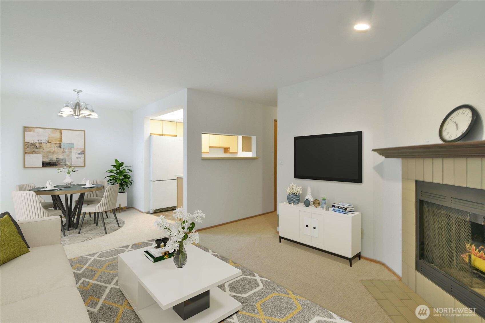 700 North 160th Street, Unit A314 Shoreline, WA 98133 - Photo 4 of 22 a living room with furniture a flat screen tv and a fireplace